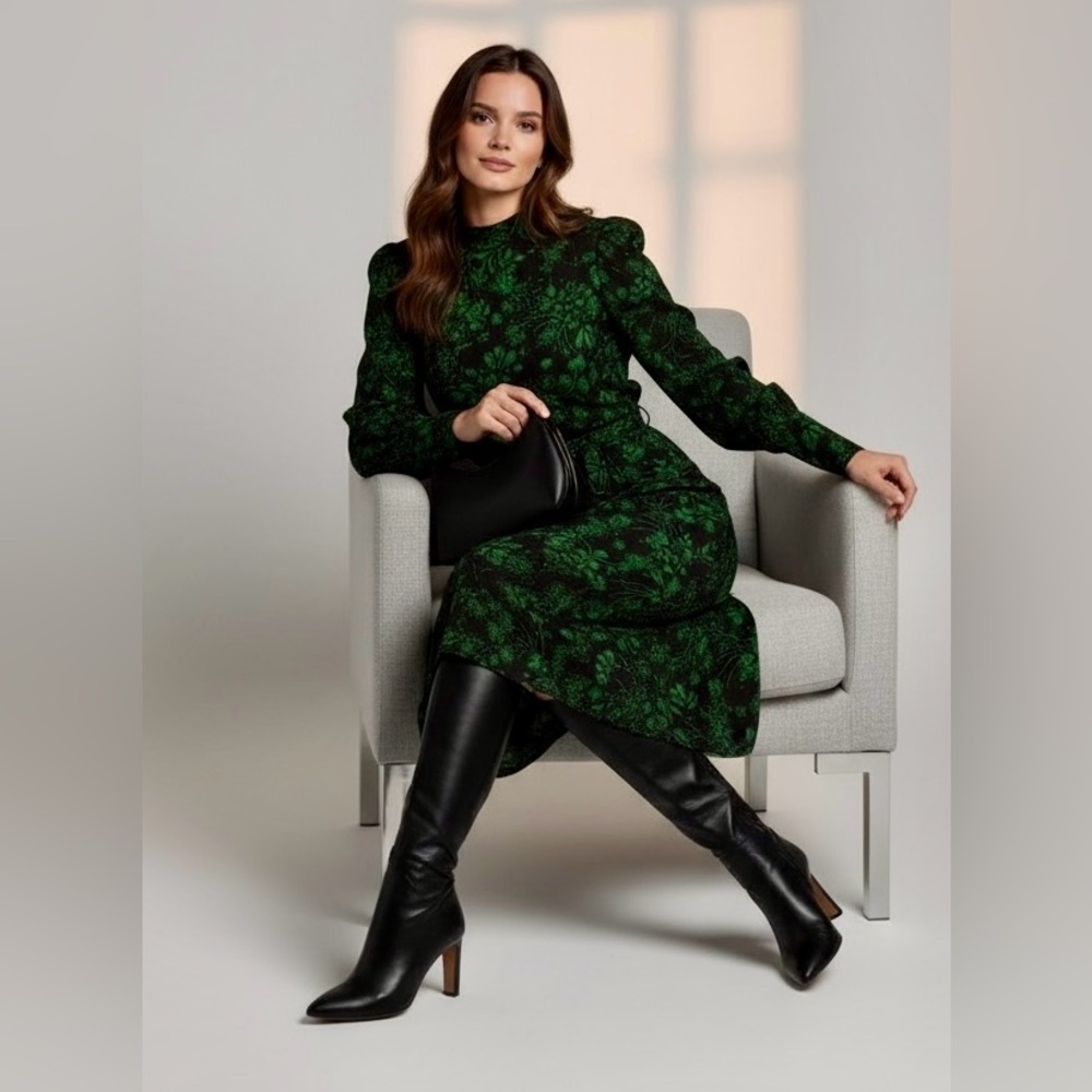 Who What Wear Black and Green Puff Sleeve Sheath Dress